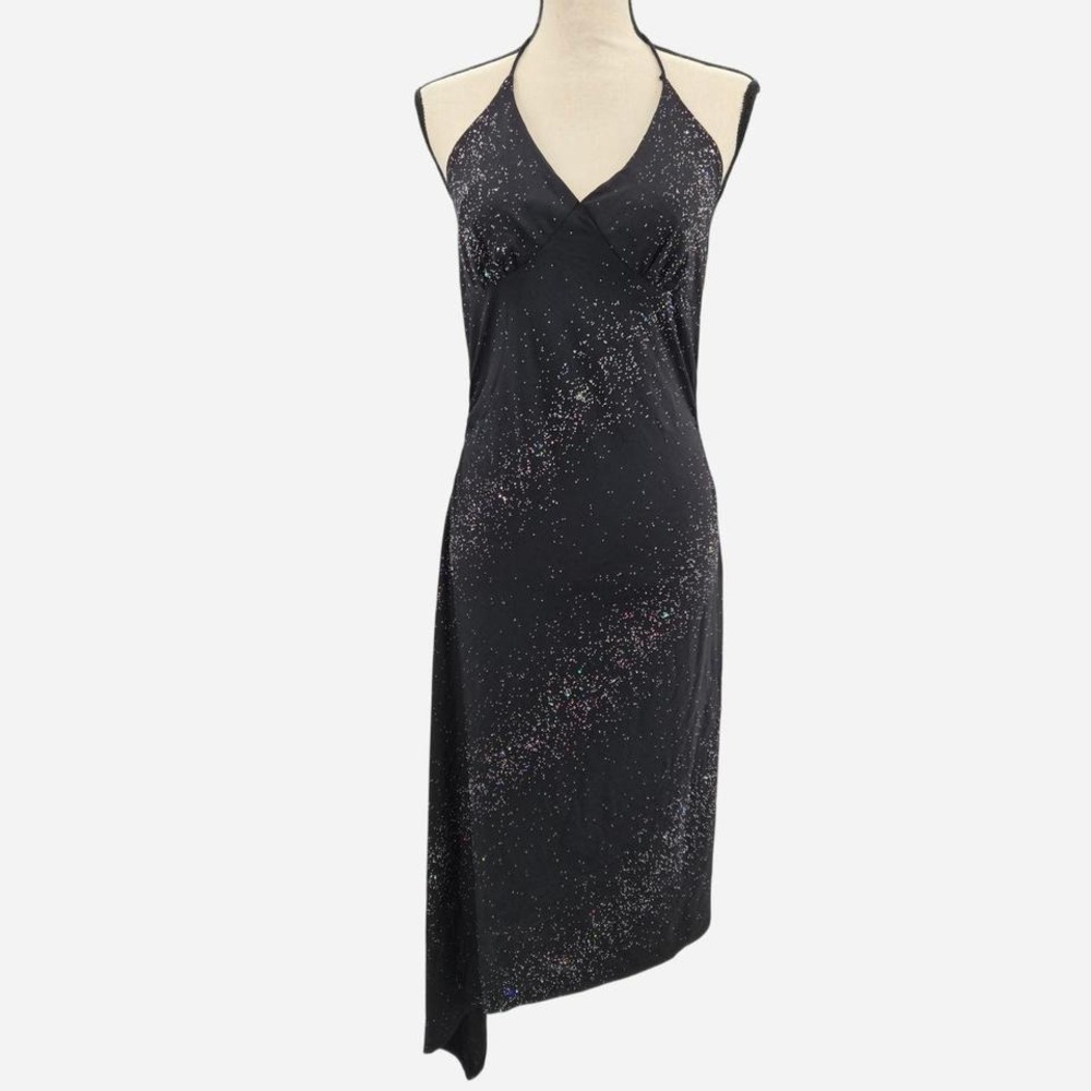 Y2K Black sequin‎ asymmetrical dress with halter neck